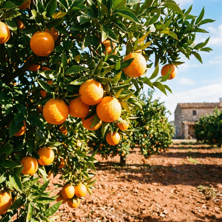 Primer plano de naranjas valencianas frescas colgando de un árbol en un campo soleado.
